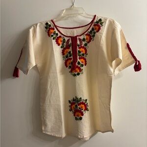 Handmade Hand Embroidered Cream Top with Red Flower Accents